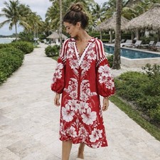 NWT Farm Rio Floral Chains Stripe Long Sleeve Linen Midi Dress Red White Small