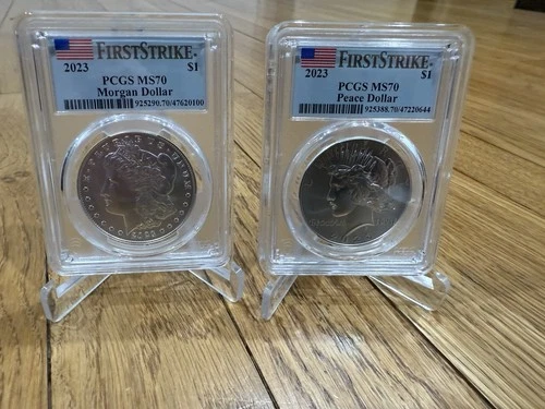 2023 $1 Morgan and Peace Silver Dollar 2pc Set PCGS MS70 FS Flag Label