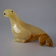 Vintage Onyx Stone Carved Seal  Sea Lion Figurine Black Eyes White Onyx Small