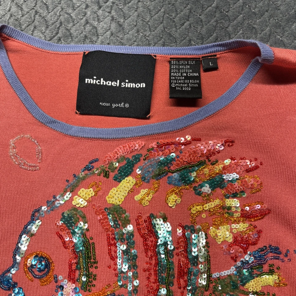 Suéter Michael Simon Nueva York Grande Hilado Seda Coral Tropical Peces Lentejuelas Cuentas Foto 2 de 4