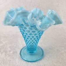 Vintage Fenton Glass Hobnail Opalescent Aqua Blue Ruffled Fluted Vase 6 Tall