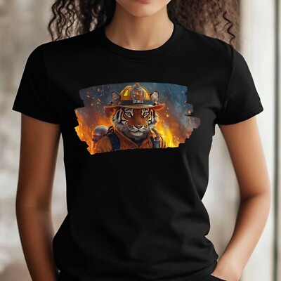 Frauen T-Shirt Tiger als Feuerwehrmann Motiv Baumwolle Größe S bis 3XL