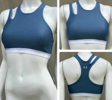NEW UNDER ARMOUR UA Women's Blue Gray High Neck  Strappy Sports Bra LARGE LG L