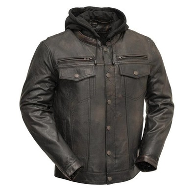 Men's Biker Leather Jacket Vendetta Scooter Style Banded Collar Snap FirstMFG