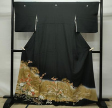 Japanese Black Tomesode Kimono Silk Traditional Gold Detail Vintage Japan