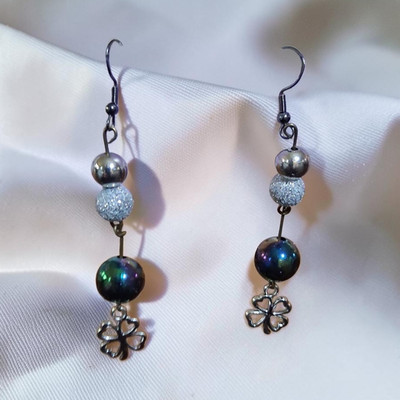 Silver Tone Metal Beaded Dangle Drop Hook Earrings Flower Charm Luck Theme