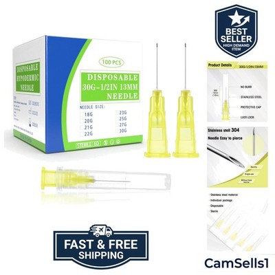 100 Pack 30Ga 13mm 1/2 in Disposable Needles for Scientific and Industrial Di...