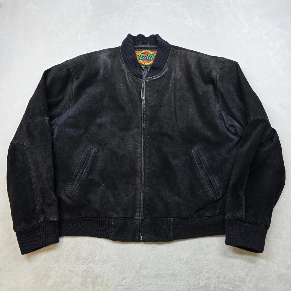 Chaqueta de bombardero GIII de gamuza de cuero para hombre grande negra con cremallera universitaria Foto 2 de 4