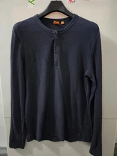 Hugo Boss Orange Shrit Mens L Blue Henley Long Sleeve Texture Stretch Oversize