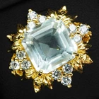24K Gold 925 Sterling Silver Ring Glamorous Icy Blue Aquamarine 4.15Ct Size 7.75