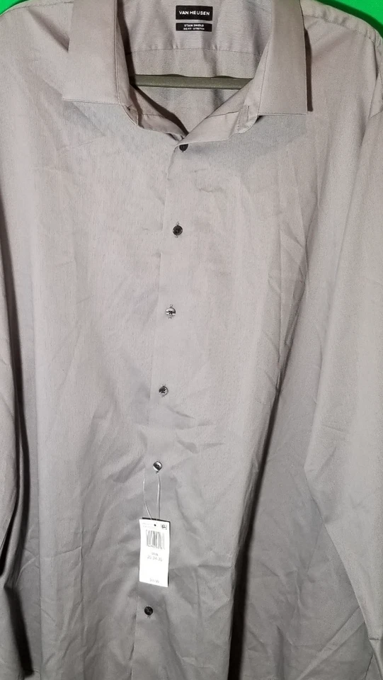 Camisa de Vestir Van Heusen Escudo Manchas Calce Grande Elastizada 20 34/35 Gris Acero Nueva con Etiquetas Foto 3 de 4