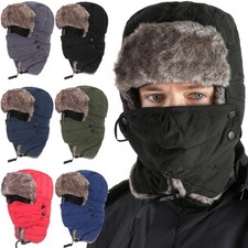 Mens Women Faux Fur Lined Hat Hunting Warm Winter Hat with Ear Flaps Face Mask