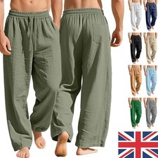 Mens Linen Rich Casual Trousers Loose Fit Summer Beach Cotton Pants Smart Work