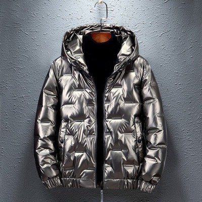 Herren Metallic Glänzend Entendaunen Parka Mantel Steppjacke Kapuze Coat Top Warm