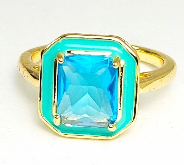 Art Deco Vintage Style 14k Gold Plated Square Lab Created Blue Topaz Enamel Ring - Image 2 of 4