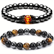 2 PCS Tiger Eye Natural Stone Obsidian 8/10mm Beaded Bracelet Men Women Jewelry