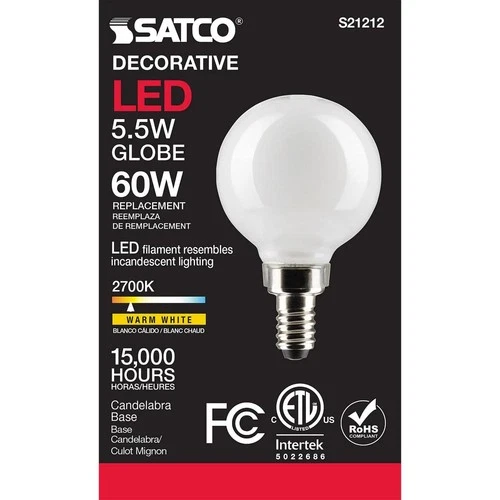 Satco 5.5-Watt LED E12 Light Bulb, 2700K, 15000 Hour Rating, Dimmable - Picture 4 of 5