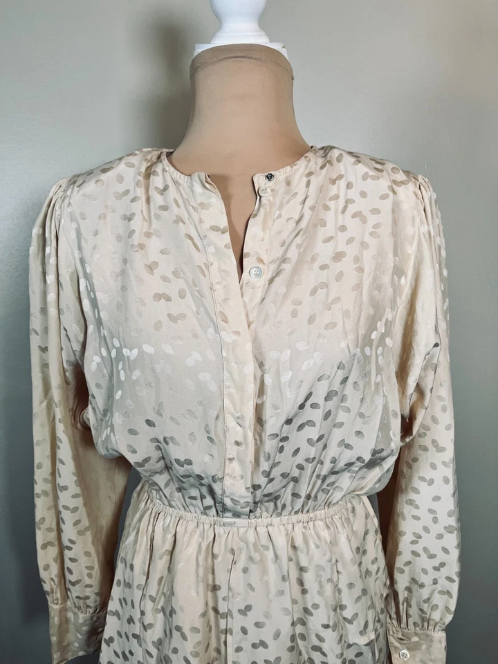 Vintage Blouson Dress 100% Silk Women 10 Beige Belted Midi Long Sleeve Old Money - Image 3 of 4