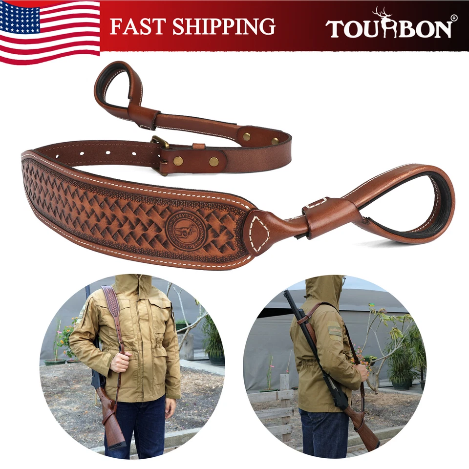 TOURBON Leather Universal NO-Drill Gun Sling Shooting Rifle Shotgun Strap Adjust