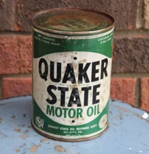 FULL NO LEAKS~ 1940's QUAKER STATE MOTOR OIL Old Soldered Seam Tin 1 quart Can