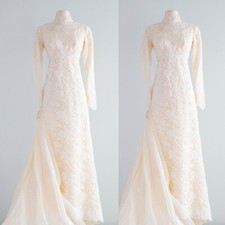 Vintage Long Sleeves Champagne Wedding Dresses High Neck Tulle Bridal Gowns