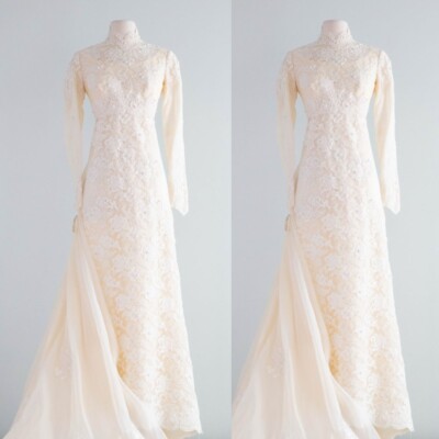 Vintage Long Sleeves Champagne Wedding Dresses High Neck Tulle Bridal Gowns  | eBay