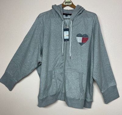 NWT Tommy Hilfiger Woman Plus 3X Gray Full Zip Hoodie Embellished Heart Sweater