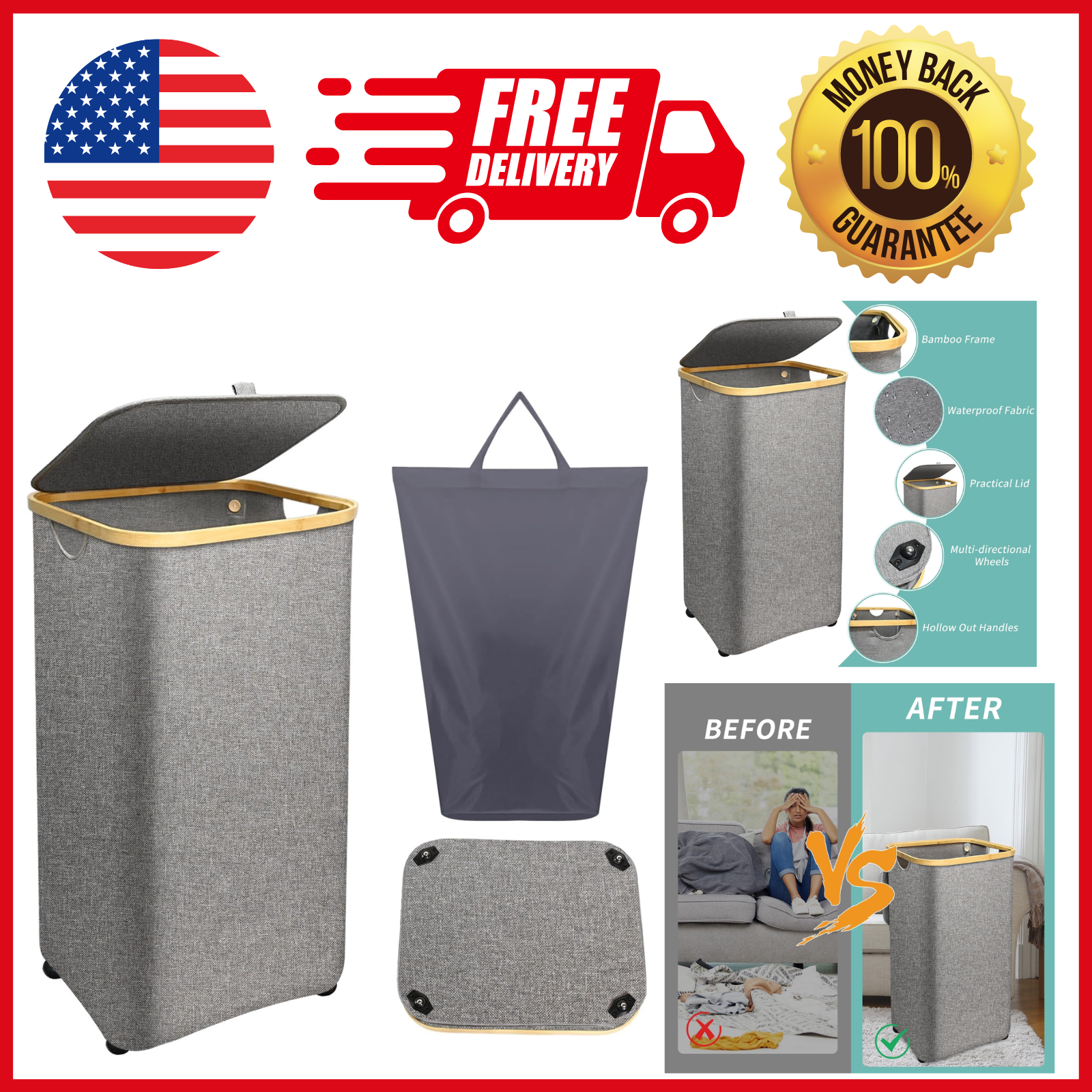 Laundry Hamper with Wheels 100L Large Basket Lid Rolling Removable Bag New-image