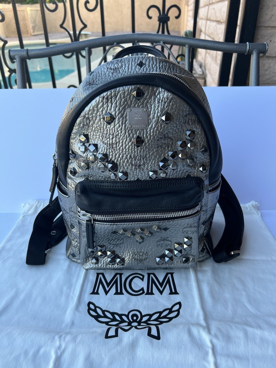 MCM Metallic Silver Monogram Visetos Studded Small Stark Backpack