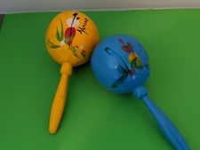 Vintage MARACAS, Pair Set, HANDPAINTED Mexico, GOURD SHAKER Wood