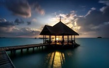 Landscape pier hut water clouds sunset reflection shadow Custom Gaming Mat Desk