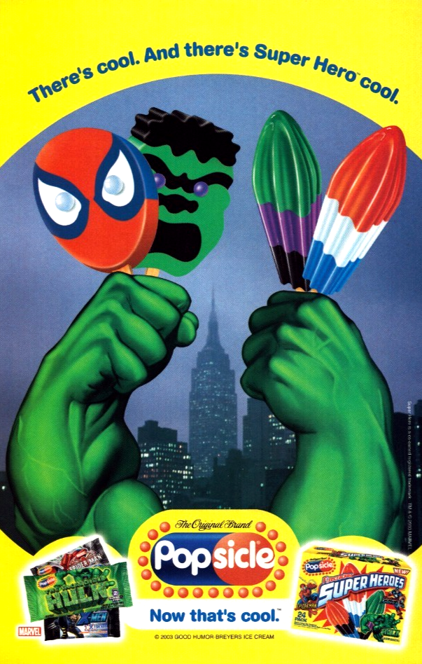 heropapaページ 2003 Popsicle Marvel Super Heroes PRINT AD - Ice Pops Hulk Spider