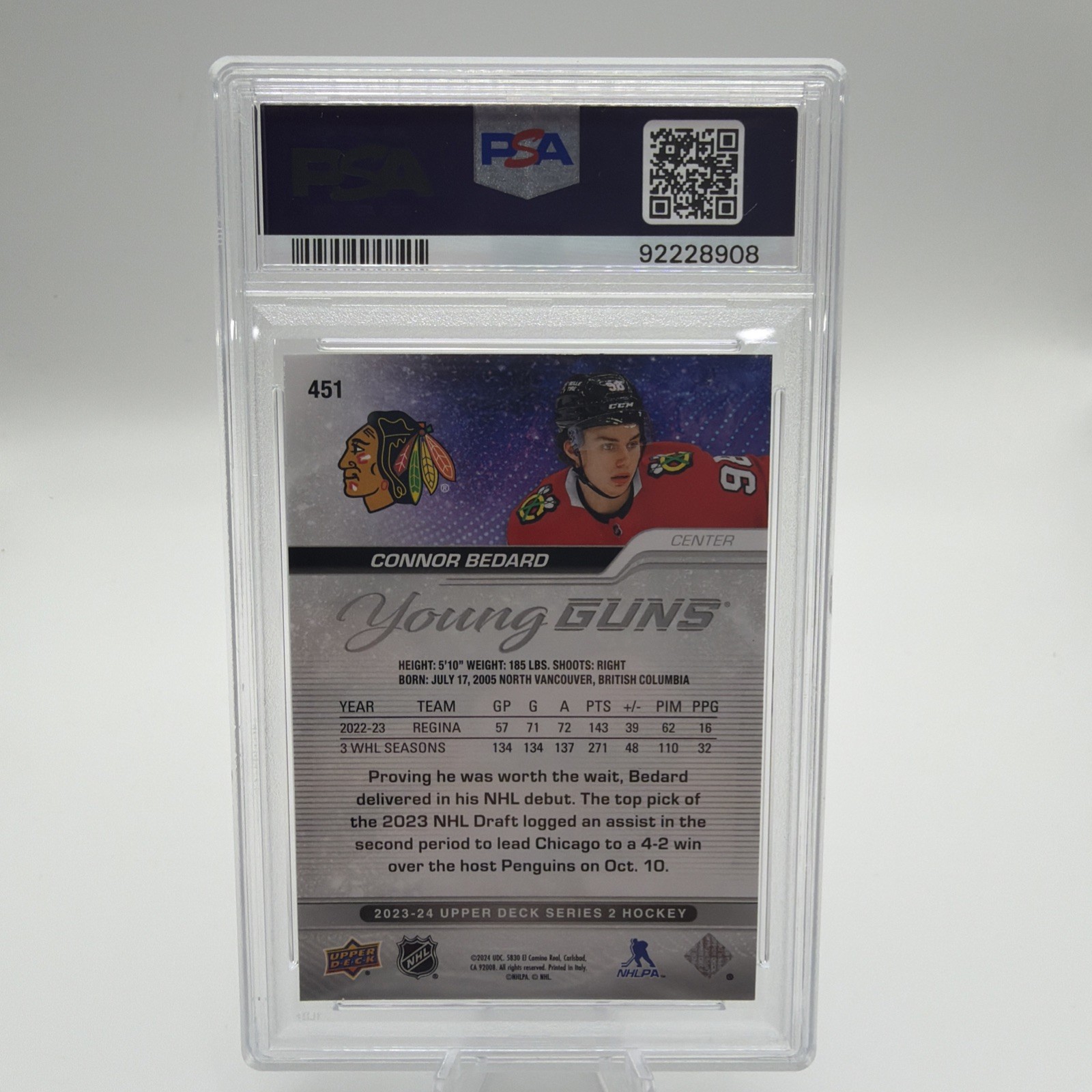 Upper Deck 2023-24 Series 2 Young Guns Connor Bedard #451 PSA 8 Rookie view 2