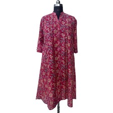 Women's Indian Cotton Hand Block Print Kurti Floral 3/4 Sleeve Back Tie Dress