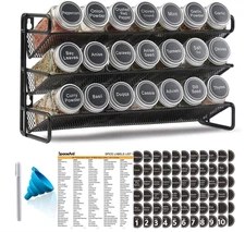 SpaceAid Spice Rack Organizer with 21 Jars + 386 Labels, Funnel Set, Black