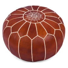 Genuine Leather Round Pouf Cover - Handmade Moroccan Ottoman Footstool, Unstu...