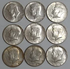 9 Kennedy Half Dollars (2-1965, 6-1967, 1-1969 D), 40% Silver