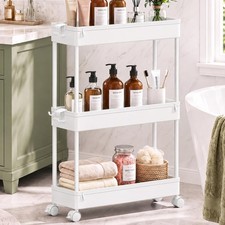 3 Tier Rolling Storage Cart Slim Bathroom Kitchen Organizer White Wheels