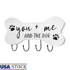 Wood Metal Pet Wall Plaque Bone Shape W/ 4 Hooks Dog Accessories Organizer New