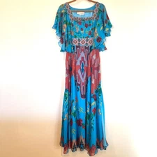 NWT La Fuori 100% silk beaded floral maxi dress blue small flutter sleeve 