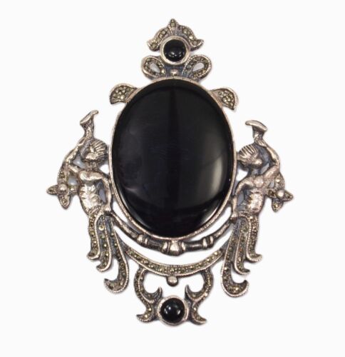 Large Onyx Marcasite Brooch Vintage Onyx Brooch with … - Gem Large Onyx Marcasite Brooch Vintage Onyx Brooch with … - Gem