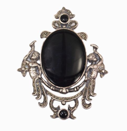 Large antique sterling silver brooch pin black onyx, cherubs, marcasite crystals - Picture 1 of 6