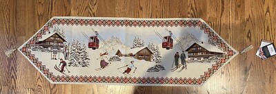 HINES OF OXFORD WINTER SKI CHALETS Tapestry Table Runner w/Tassels New 55 x18 