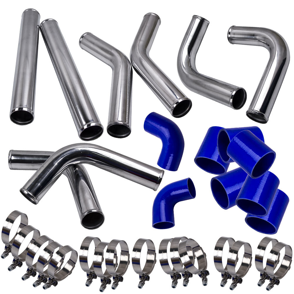 2.5 Inch Universal Polished Turbo Intercooler Piping Kit with Blue Couplers and T-Bolt Clamps