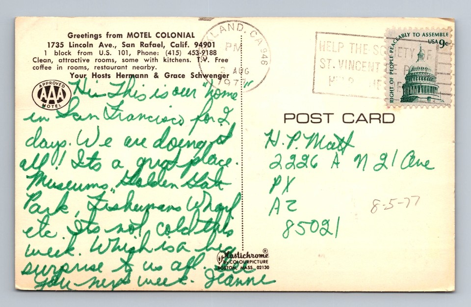San Rafael CACalifornia, Motel Colonial, Vintage c1977 Postcard eBay