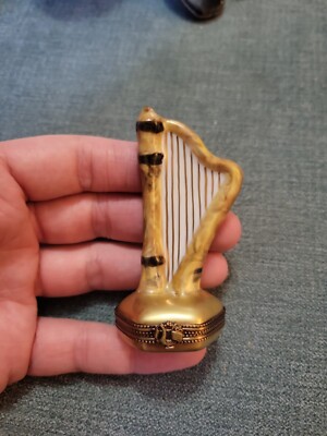 Vintage Limoges Peint Main Gold Harp Trinket Box