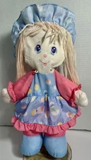 Well Made Rag Doll Blonde Hair Blue Eyes 14" Cloth Pink Blue Stuffed 1988 VTG