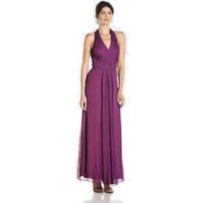 JS Boutique  Wine Purple Mesh Plunge Halter Beaded Waist Formal Gown 6 NEW 230