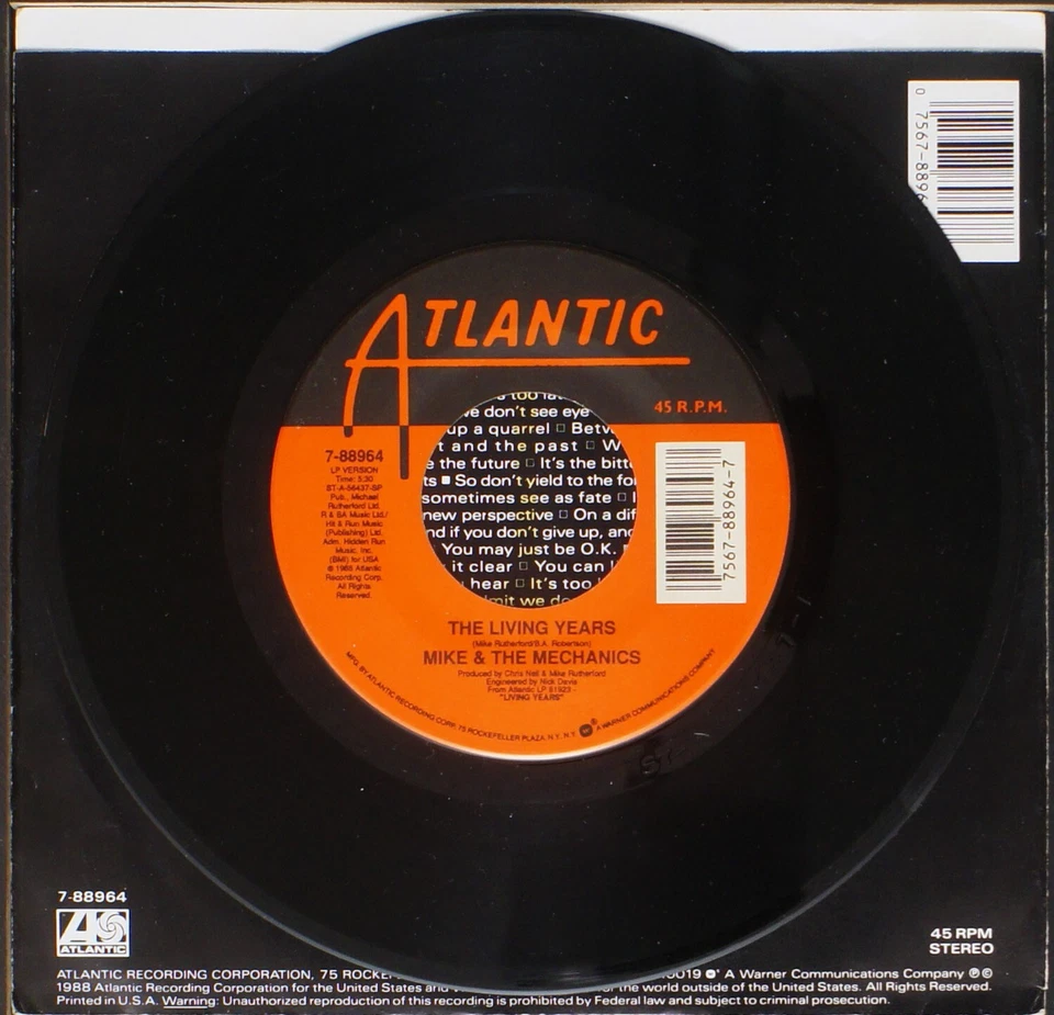 Mike & The Mechanics - The Living Years - 7" single 45rpm record - Imagem 3 de 3