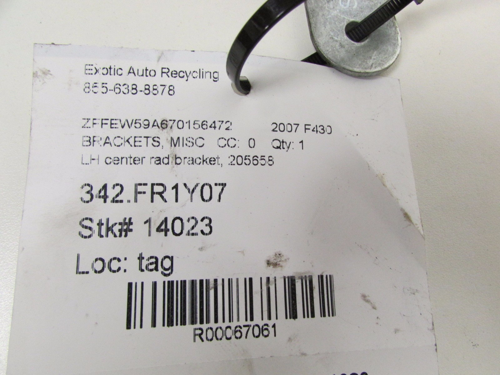Ferrari F430, Spider, LH, Left Center Radiator Bracket, Used, P/N 205658